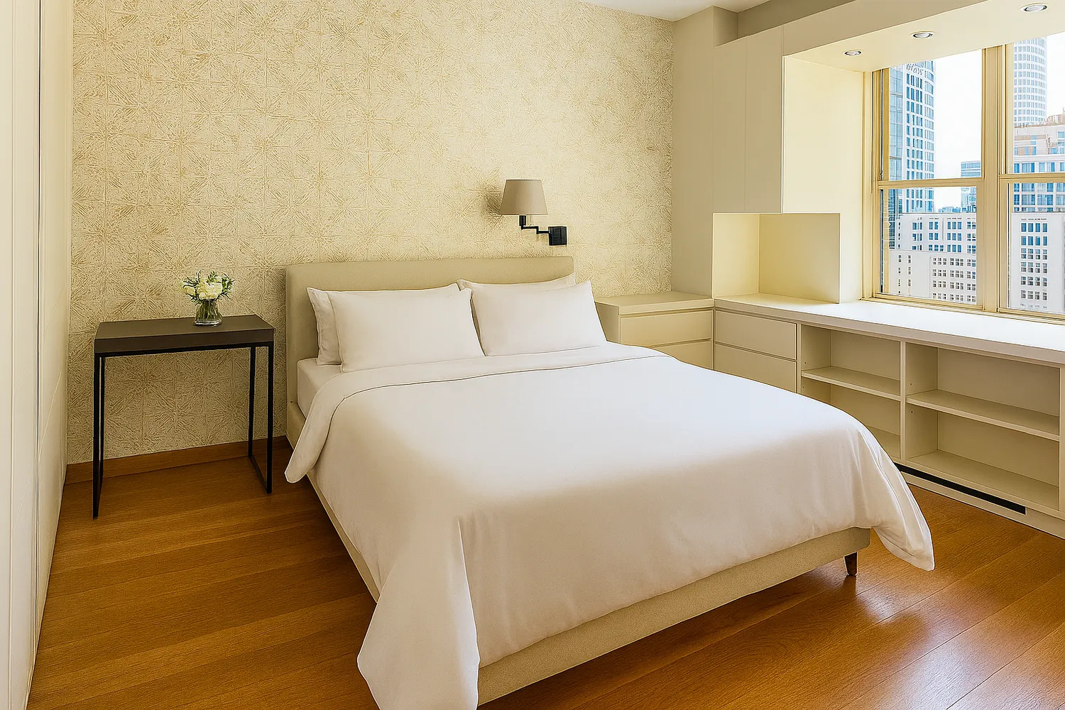 a bedroom with a bed and a window