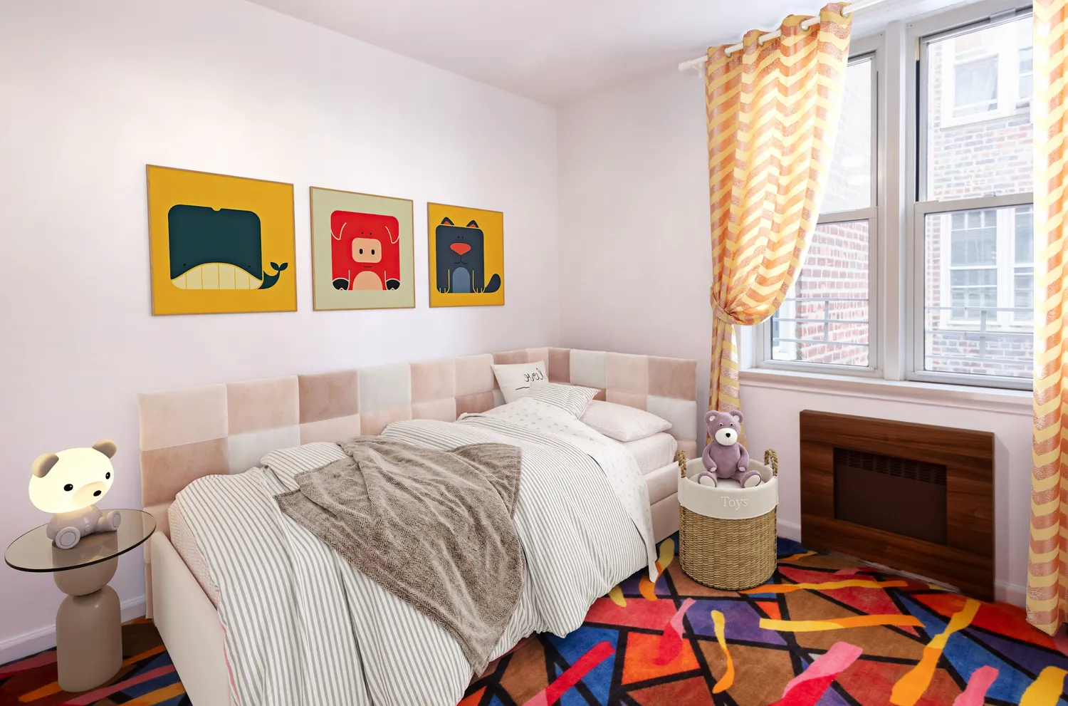 a bedroom with a bed and a fireplace