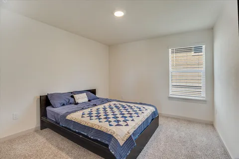 a bedroom with a bed rug and a window
