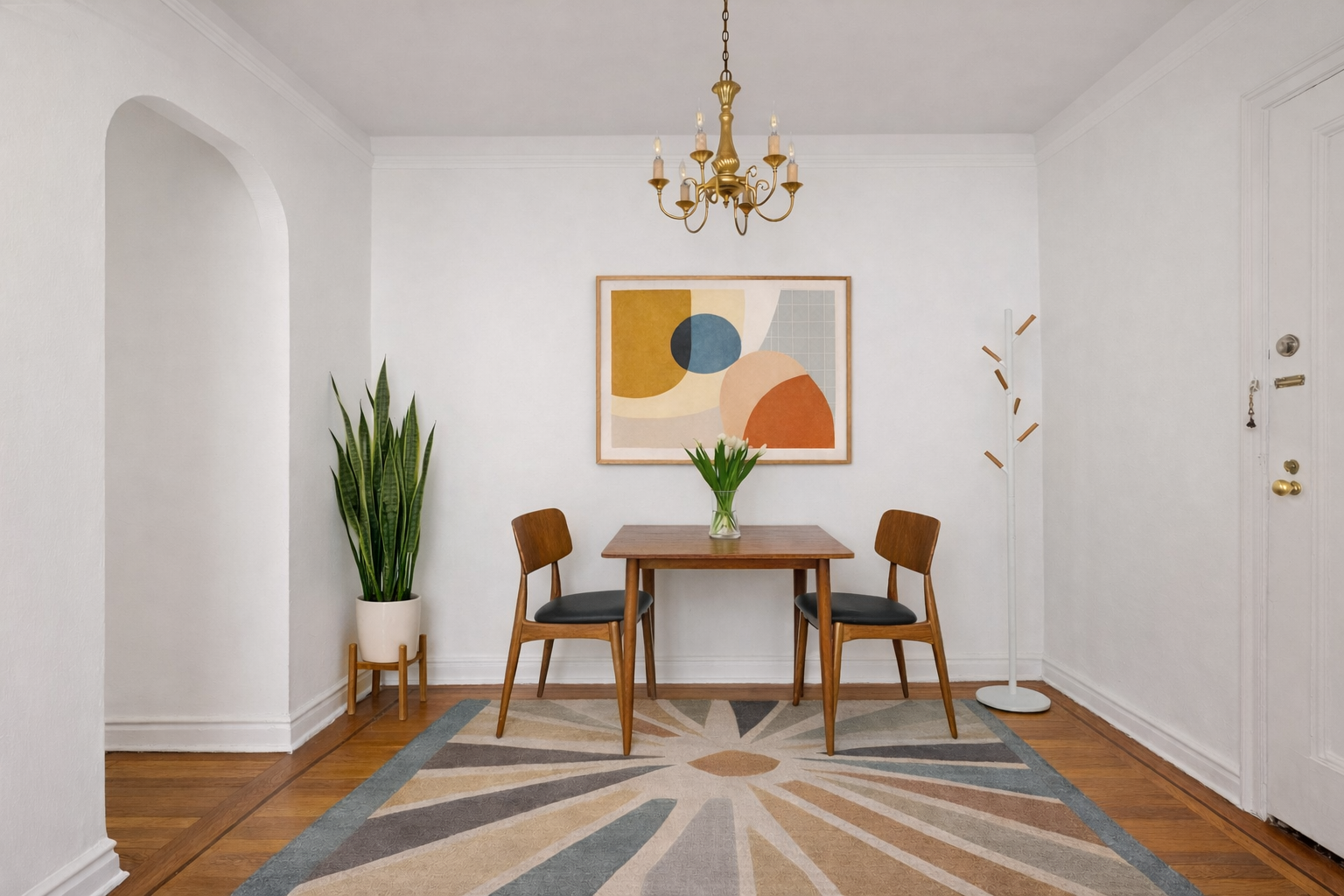 a view of a dining room with furniture