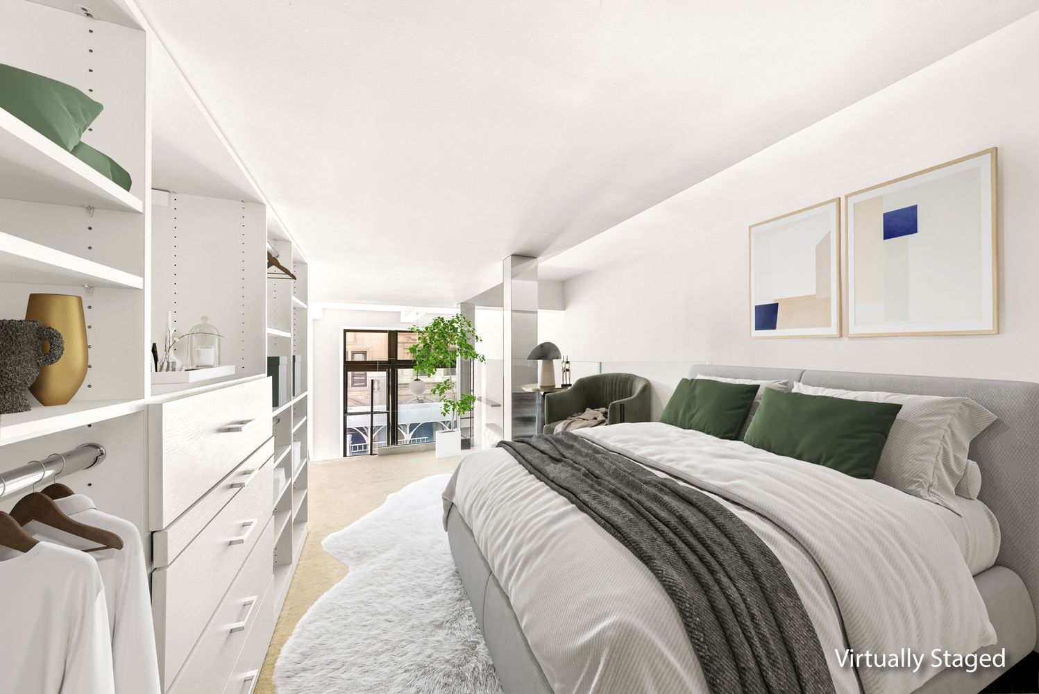 254 Park Avenue South, Unit 4K Manhattan, NY 10010 - Photo 3 of 10 a spacious bedroom with a bed a couch and dresser with wooden floor