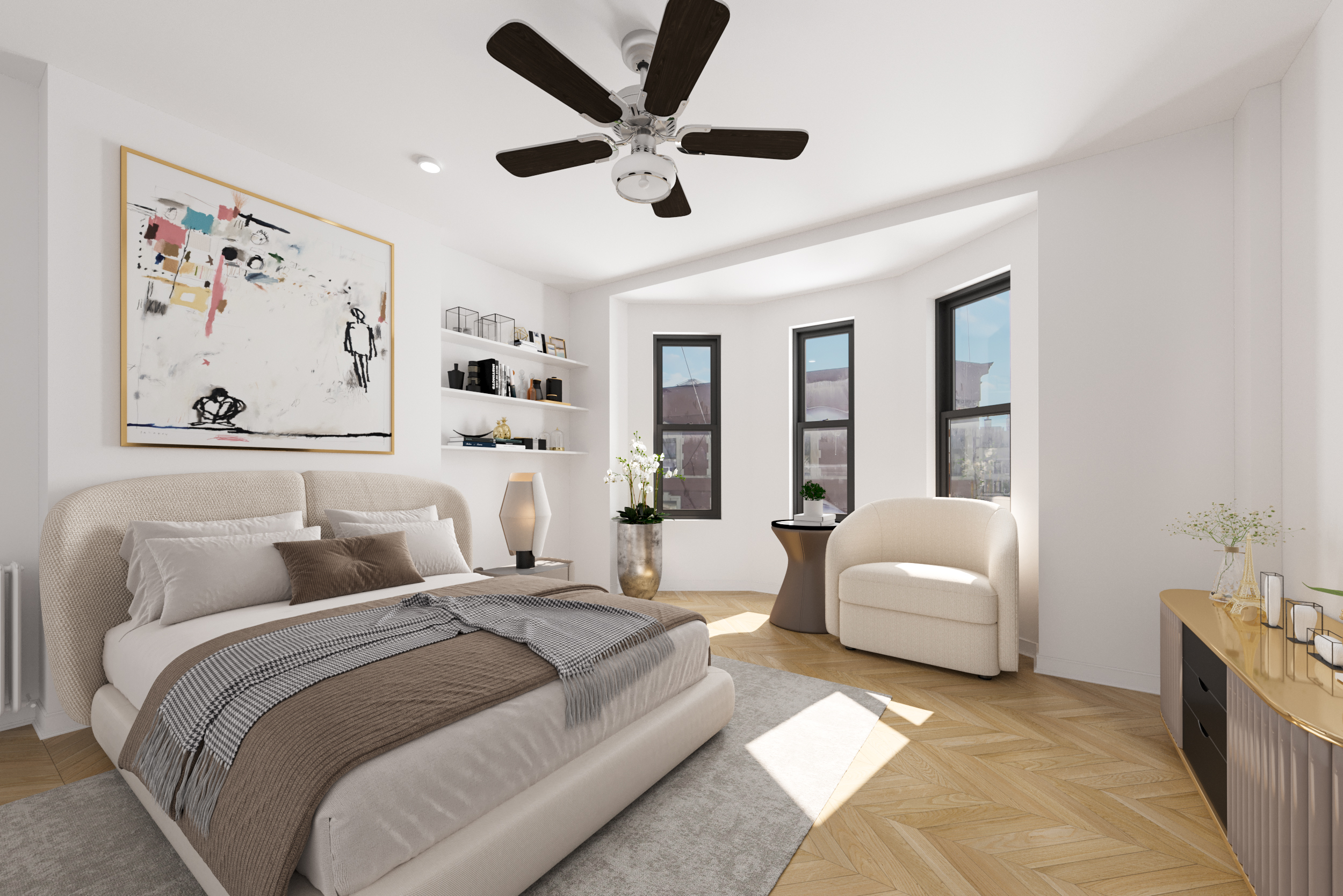 100 St Nicholas Avenue, Unit 7E Manhattan, NY 10026 - Photo 7 of 10 a bedroom with a large bed couch and a window