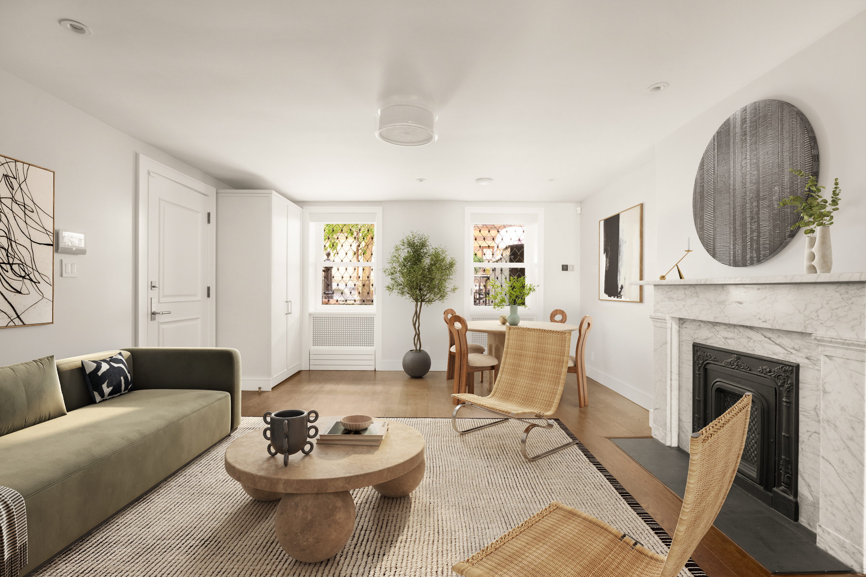 a living room with furniture a window and a fireplace