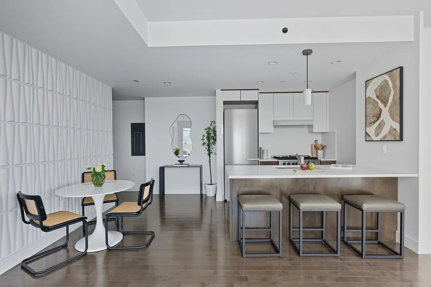 a view of a dining room with furniture