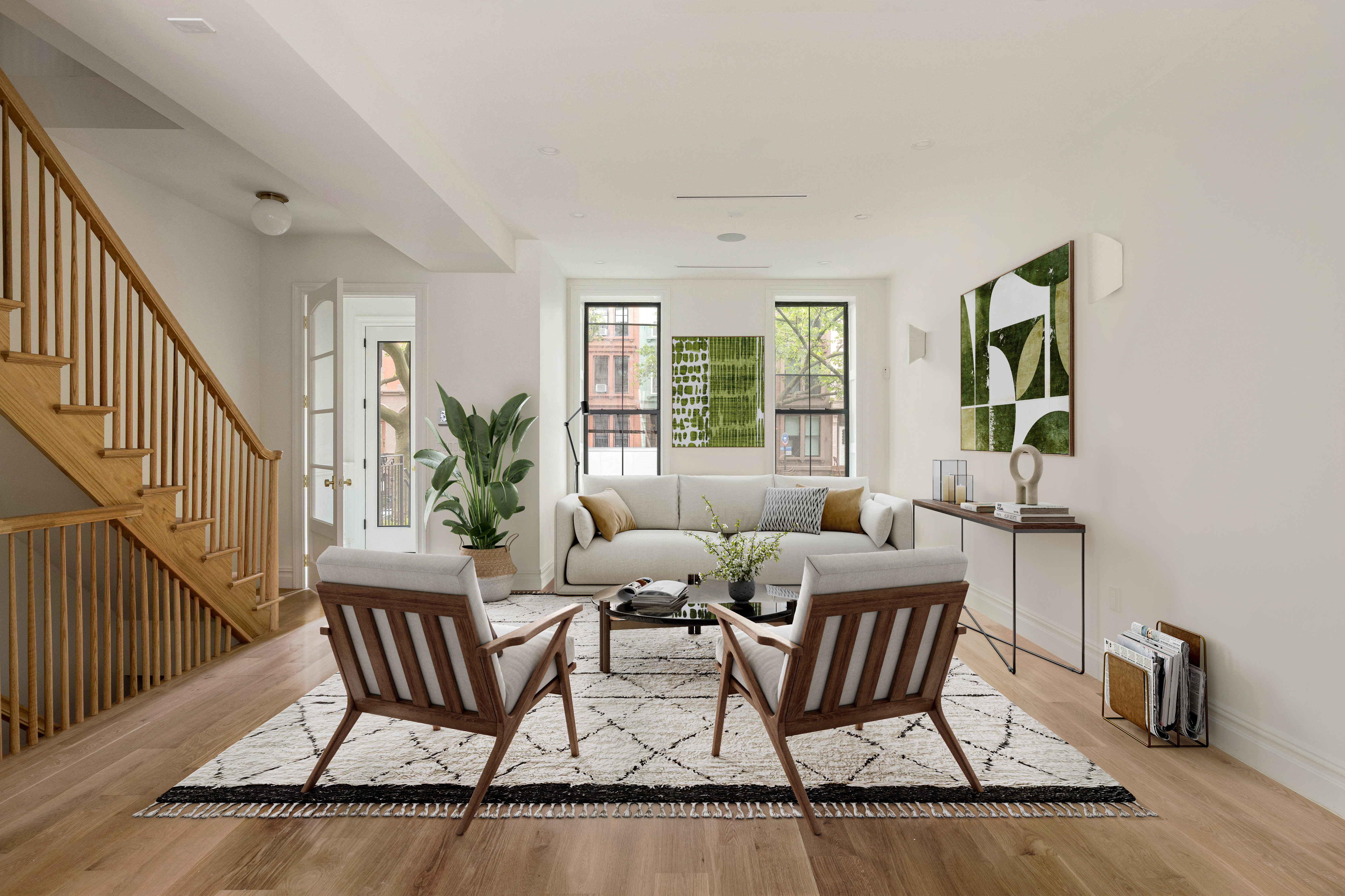 a dining room with furniture window and wooden floor