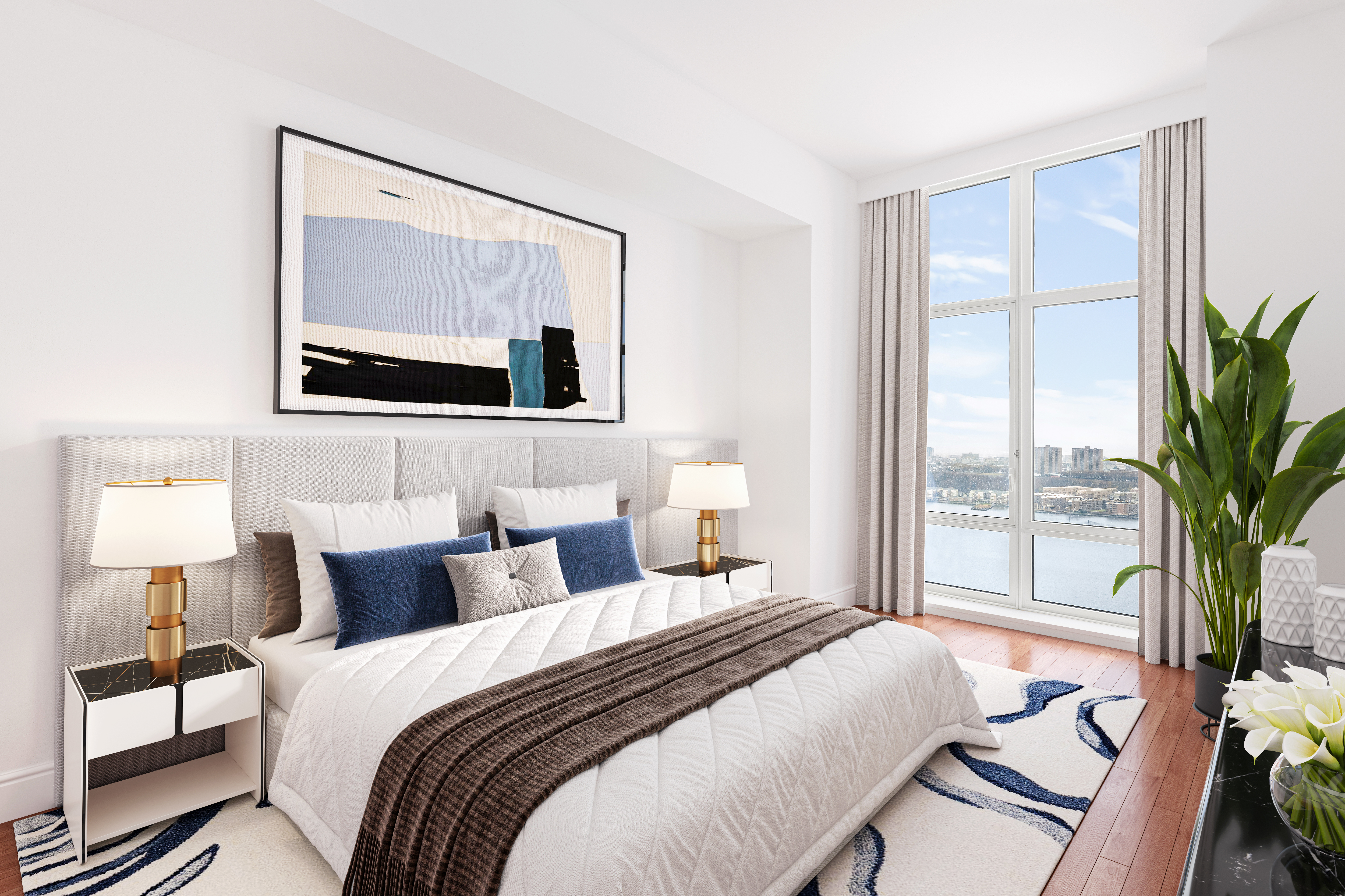 60 Riverside Boulevard, Unit PH4001 Manhattan, NY 10069 - Photo 6 of 33 a bedroom with a bed and a large mirror next to a window