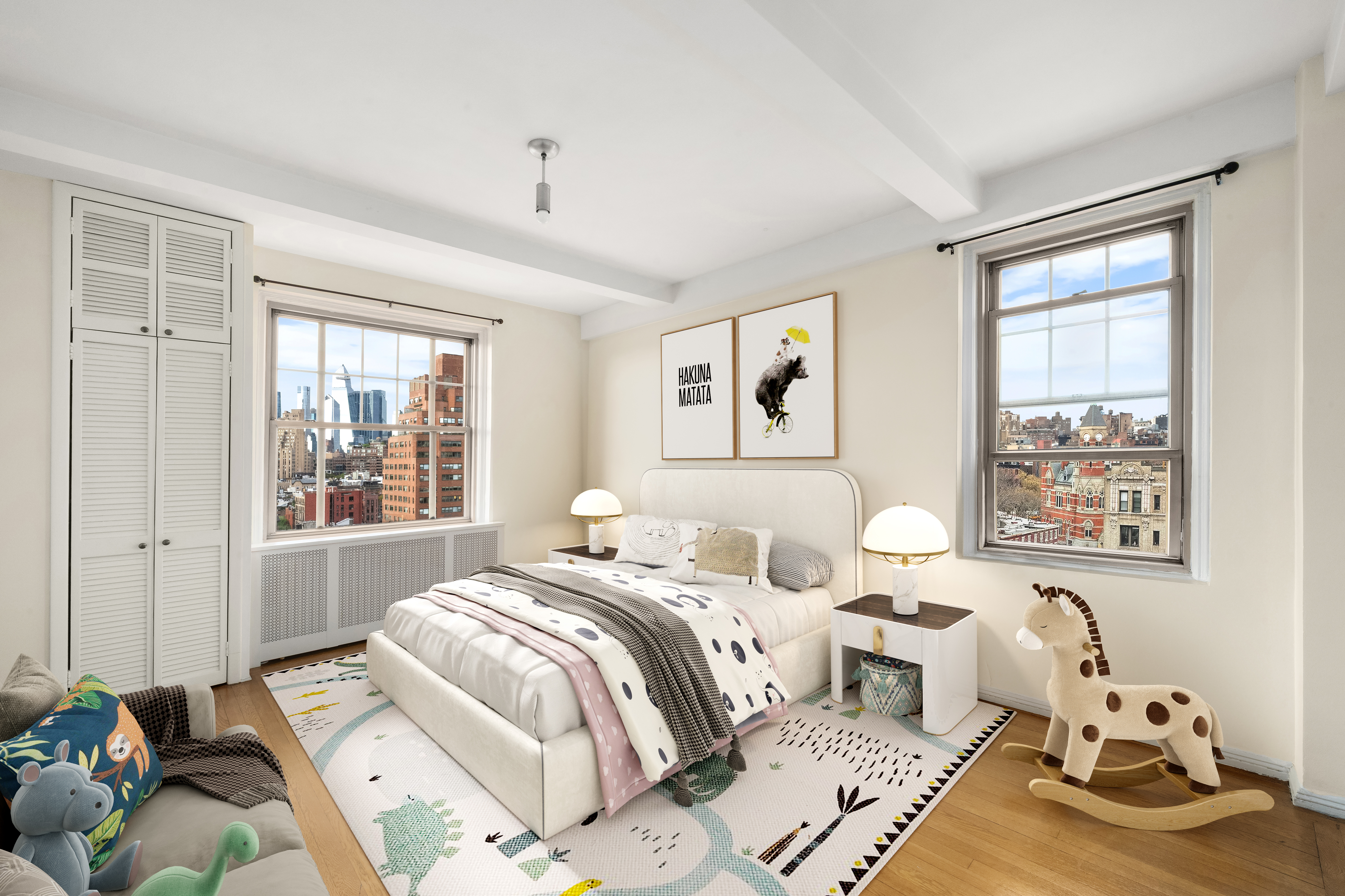 45 Christopher Street, Unit 12/14F Manhattan, NY 10014 - Photo 7 of 18 a bedroom with a bed and wooden floor