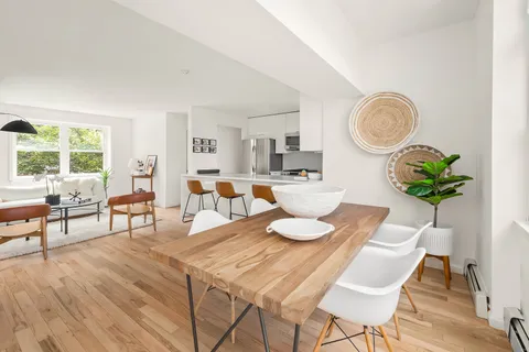 a view of a dining room with furniture a potted plant and wooden floor