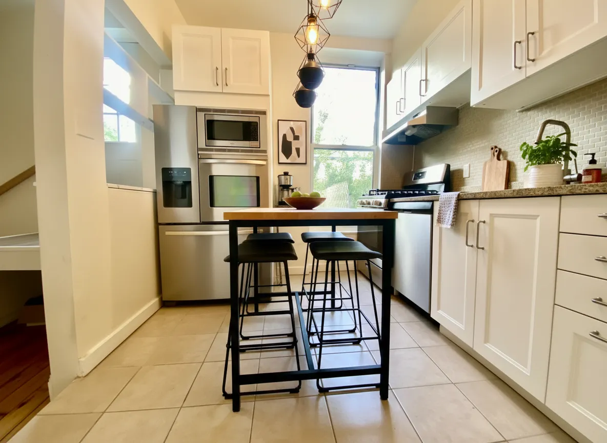 a kitchen with stainless steel appliances kitchen island granite countertop a sink and a refrigerator