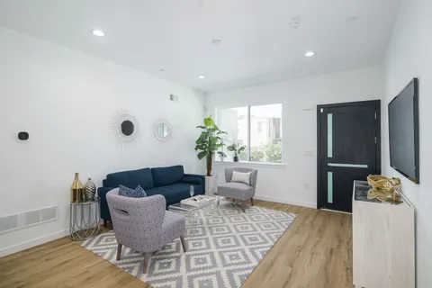 a living room with furniture and a potted plant