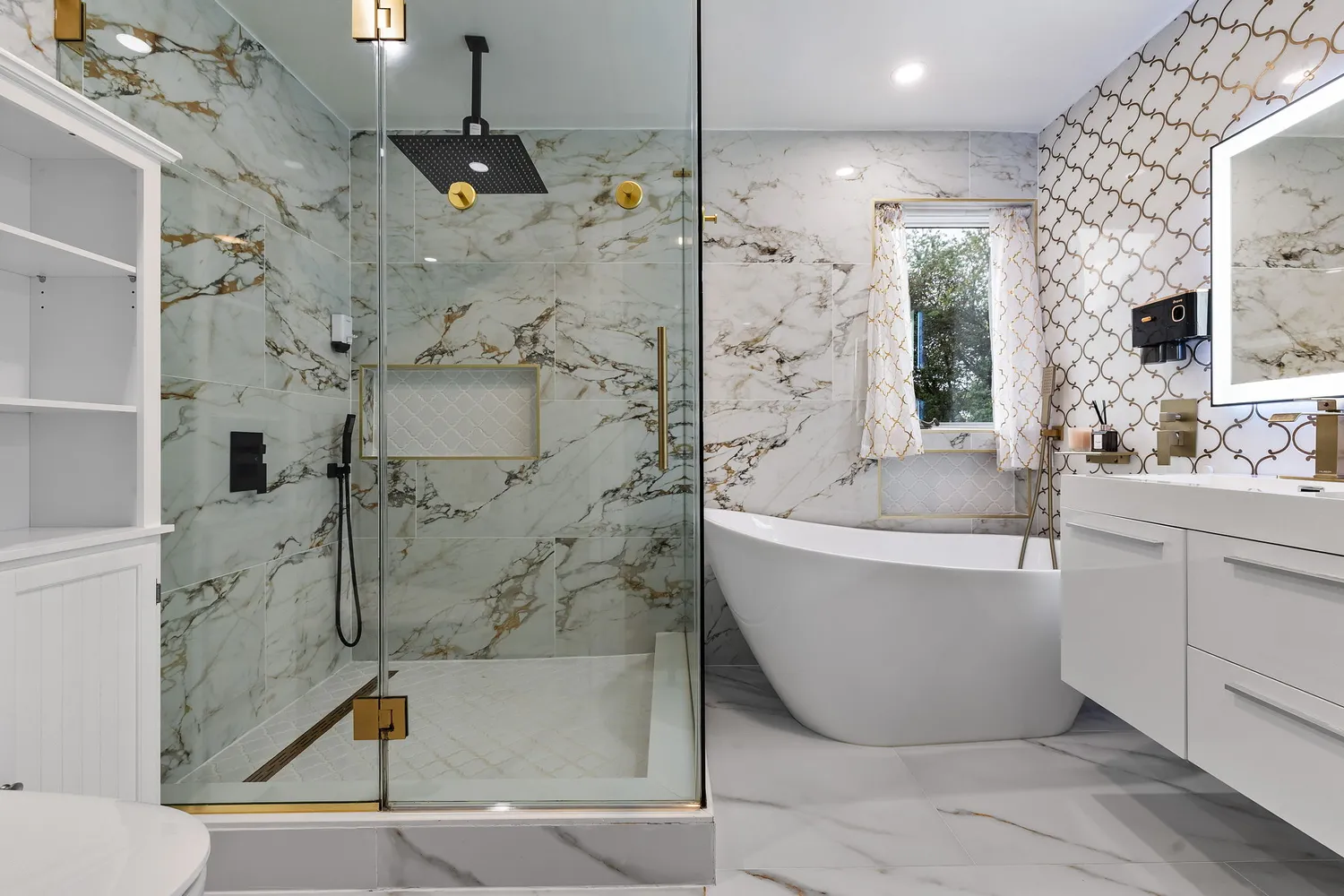 a bathroom with a bathtub and a shower