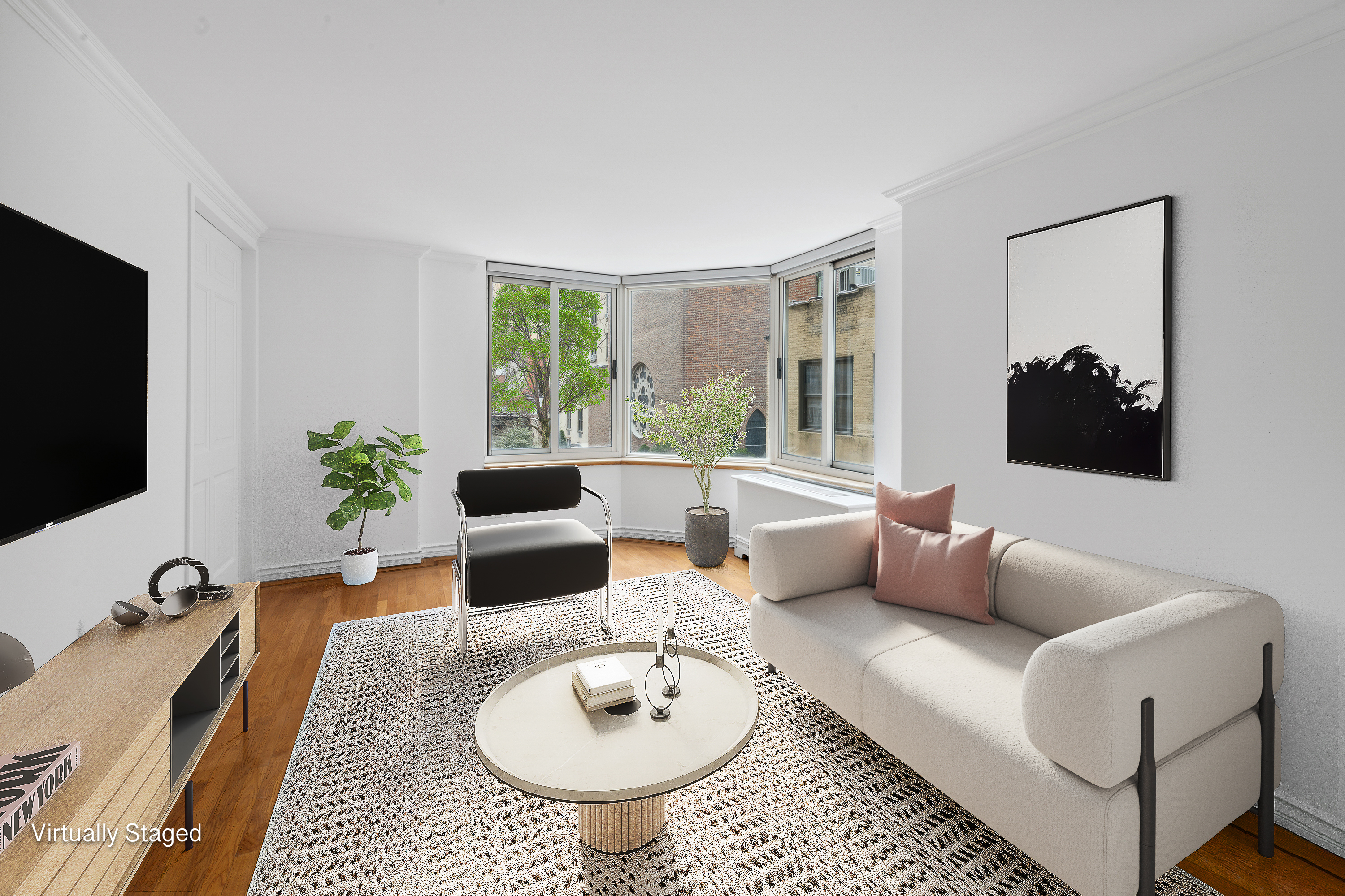 201 West 72nd Street, Unit 3I Manhattan, NY 10023 - Photo 1 of 13 a living room with furniture a flat screen tv and a large window