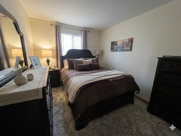 a bedroom with a bed and a dresser