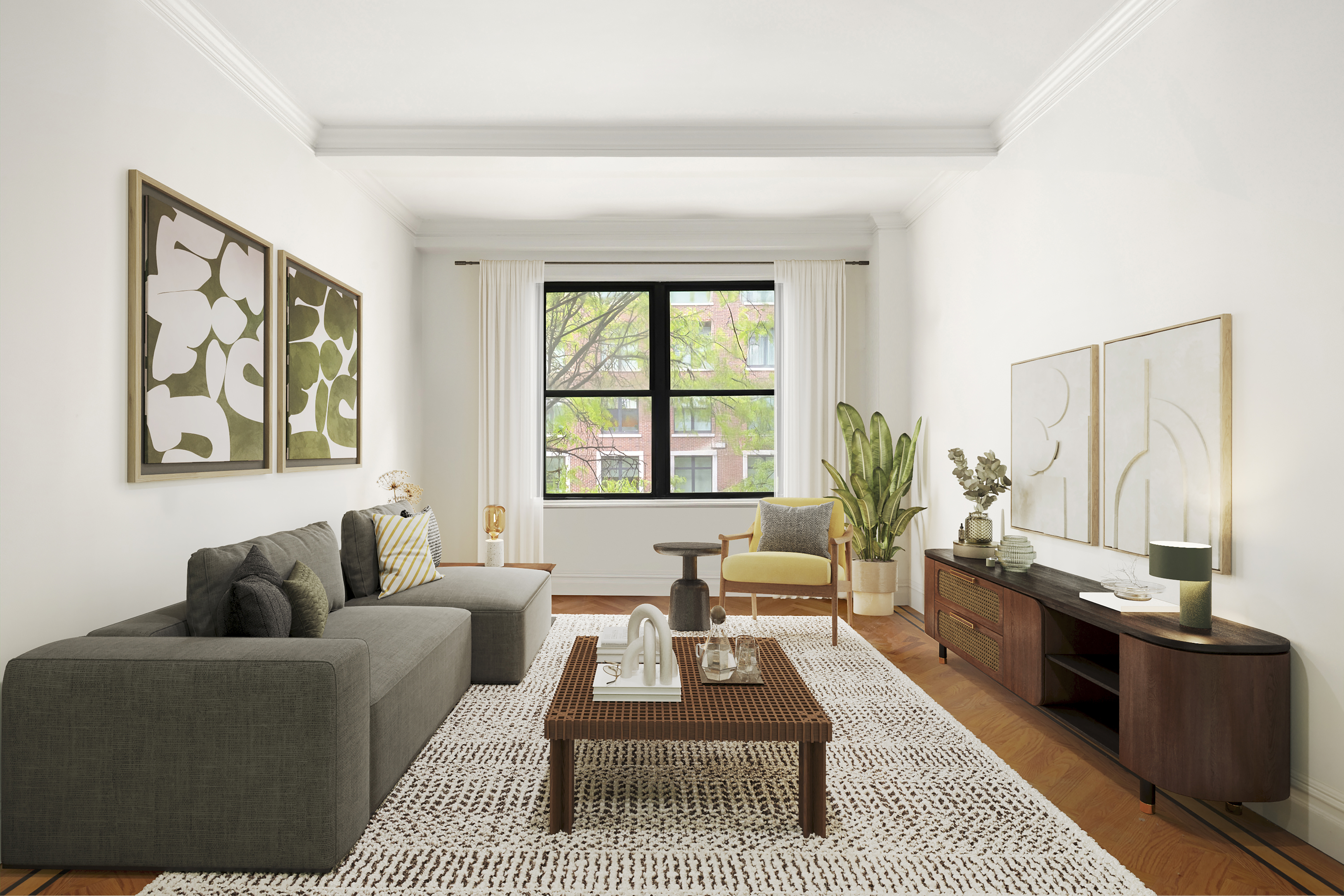 545 West End Avenue, Unit 4B Manhattan, NY 10024 - Photo 2 of 8 a living room with furniture large window and a table