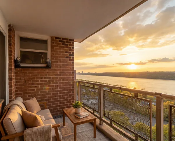 a view of a balcony with furniture