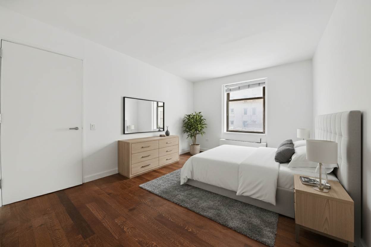 100 West 58th Street, Unit 5E Manhattan, NY 10019 - Photo 4 of 12 a bedroom with a bed and wooden floor