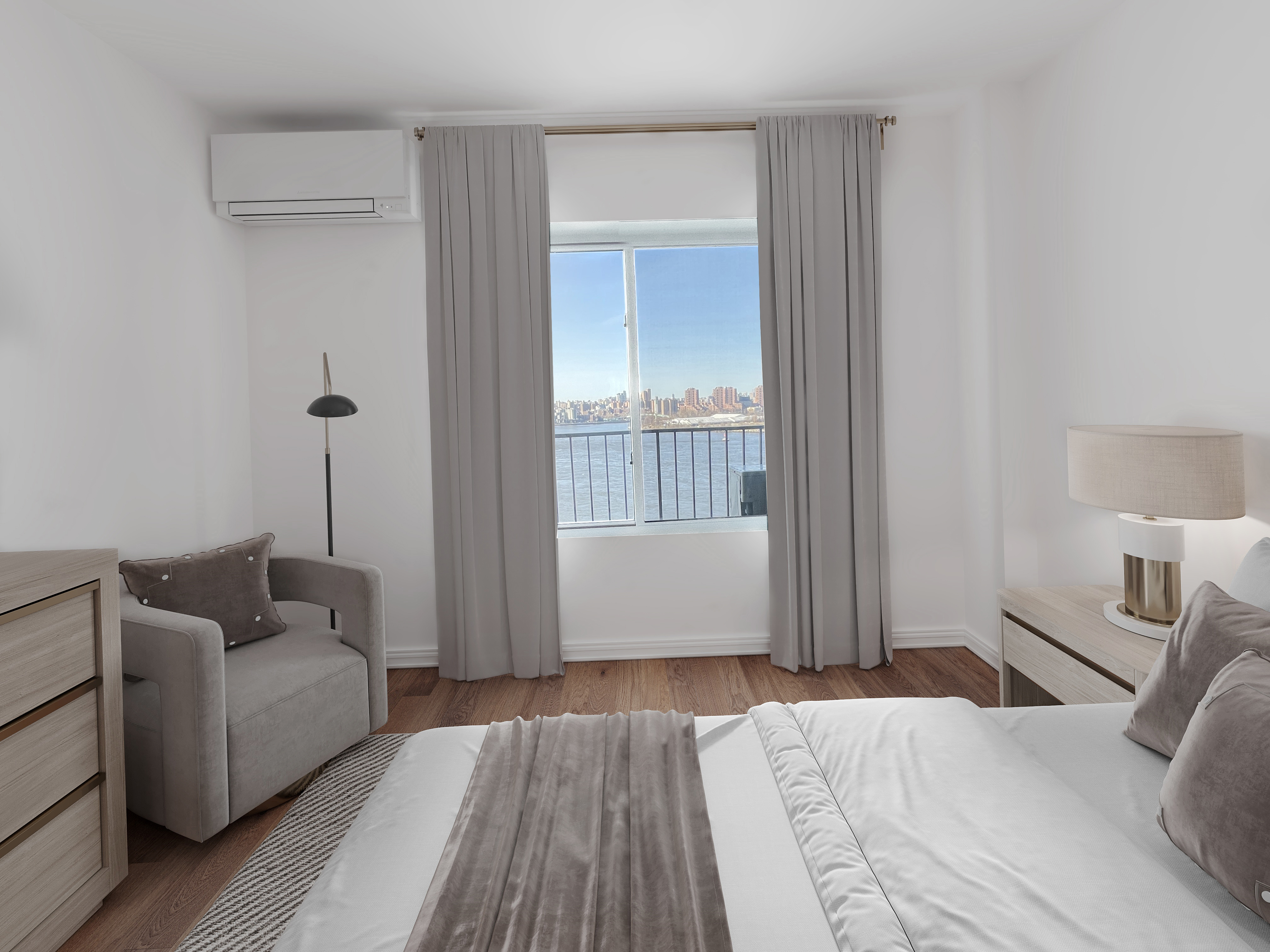 25-40 Shore Boulevard, Unit 15T Queens, NY 11102 - Photo 8 of 24 a bedroom with furniture and a wooden floor