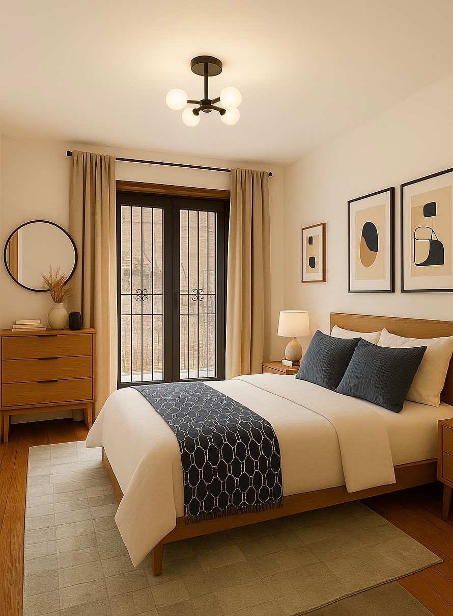 560 Macon Street, Unit 1 Brooklyn, NY 11233 - Photo 3 of 6 a bedroom with a large bed and a chandelier