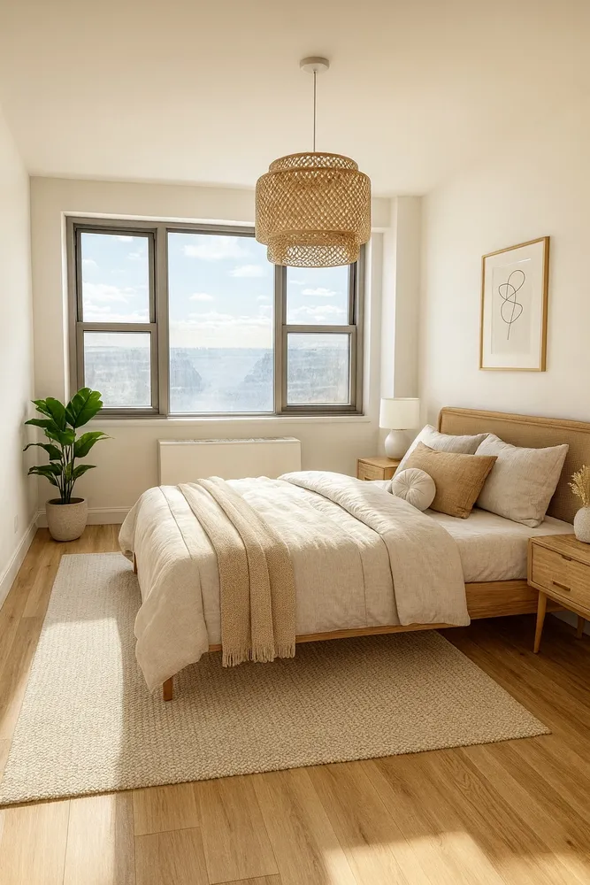 a spacious bedroom with a bed and a chandelier