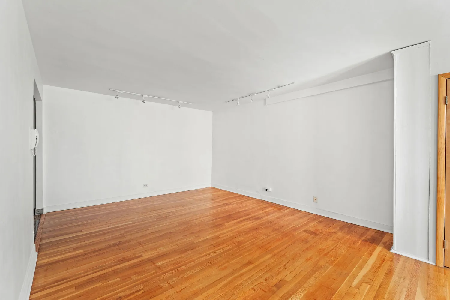 a view of empty room with wooden floor