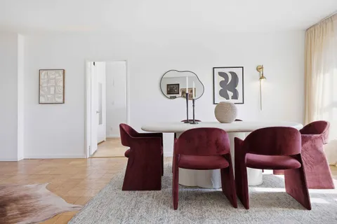a view of a dining room with furniture