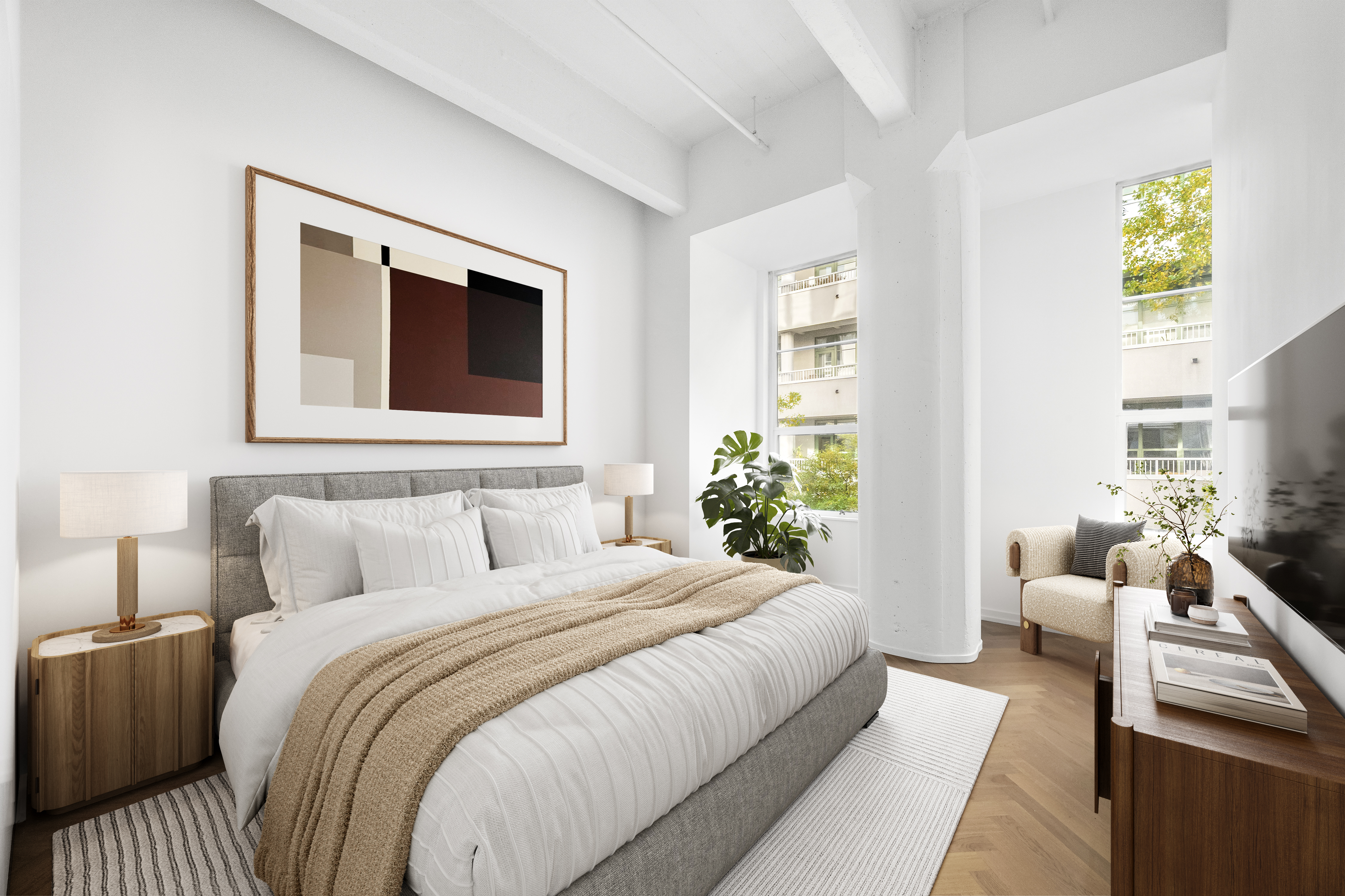 184 Kent Avenue, Unit C406 Brooklyn, NY 11249 - Photo 3 of 8 a bedroom with a bed and a couch