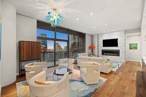 a living room with furniture and a potted plant