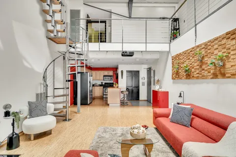 wooden floor with red and white shoes
