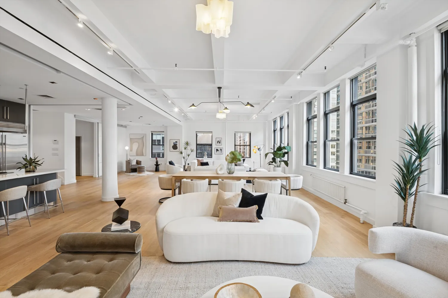 a living room with furniture potted plant and a chandelier