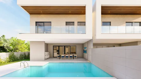 a view of house and outdoor space with swimming pool