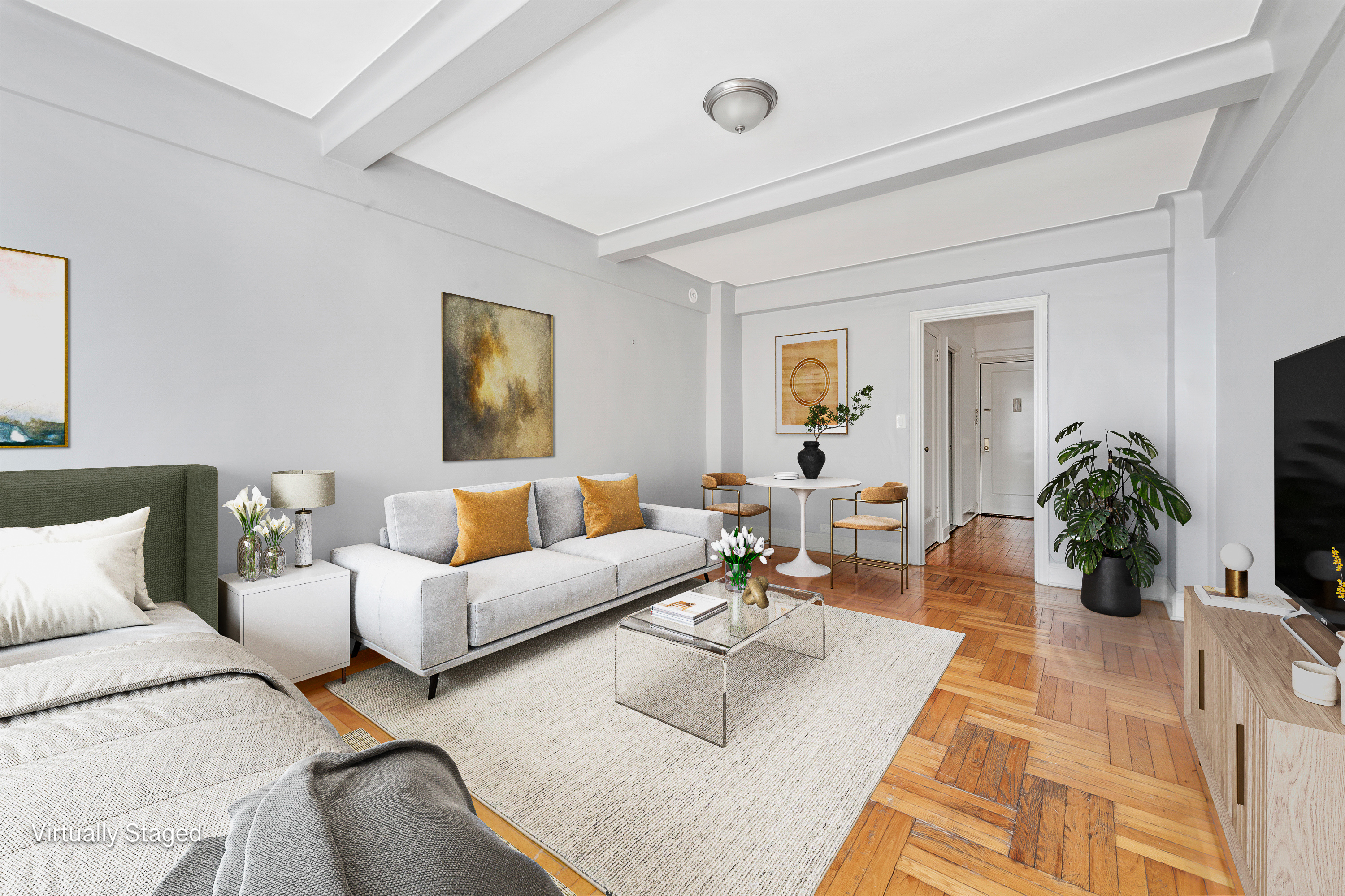 a living room with furniture potted plant and a rug