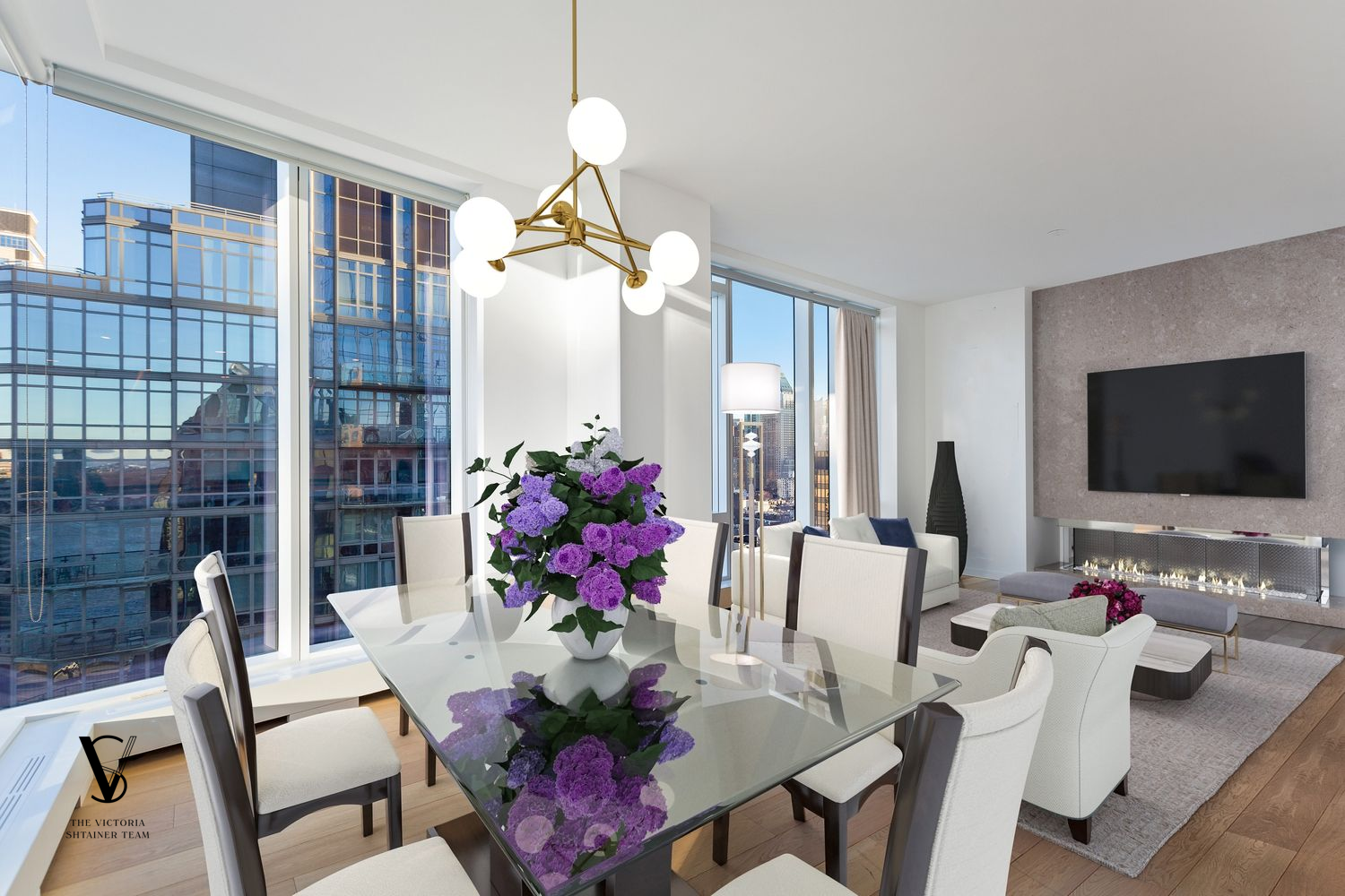 1 West End Avenue, Unit 28C Manhattan, NY 10023 - Photo 4 of 26 a living room with furniture dining area and a flat screen tv