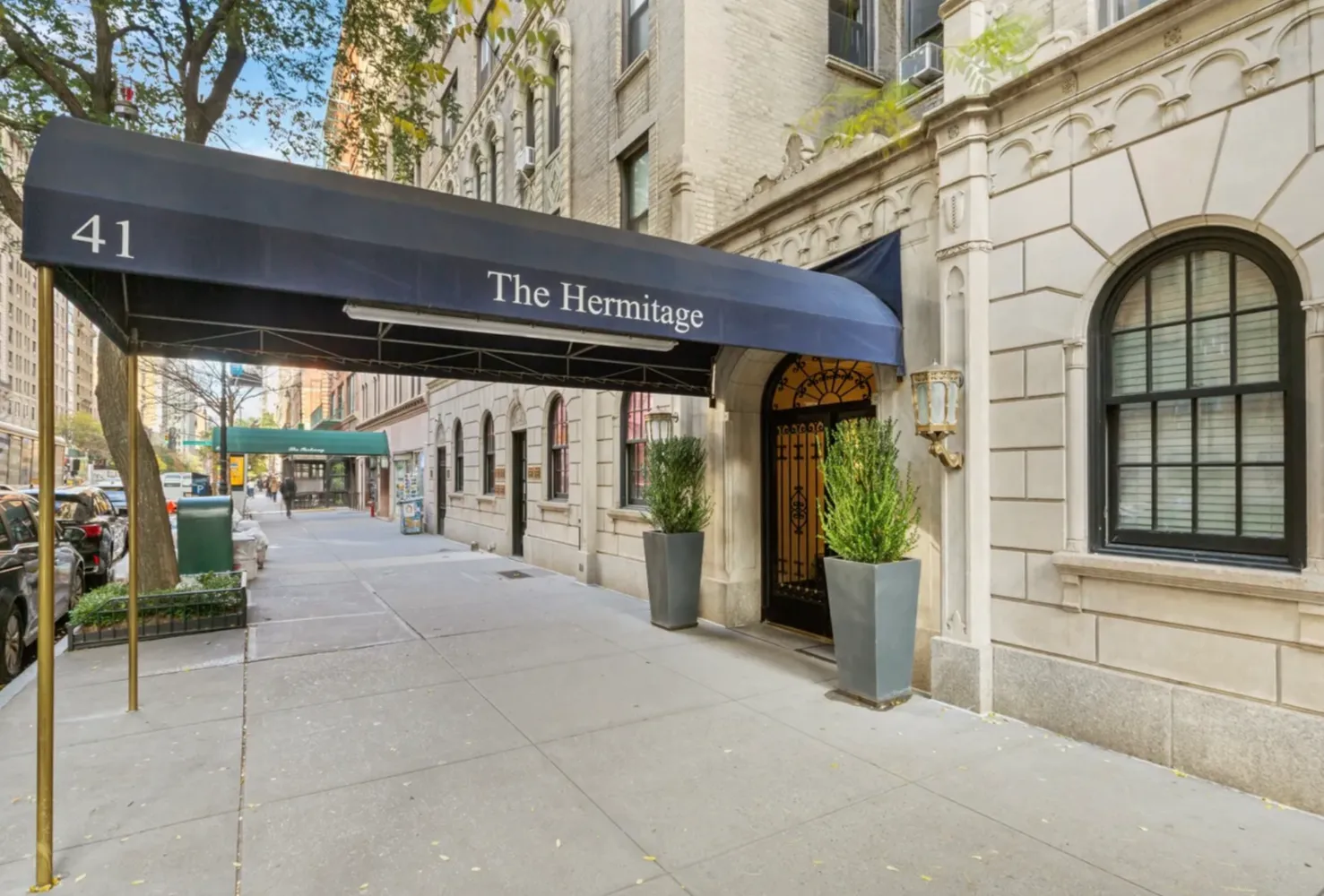a view of a building with a glass door