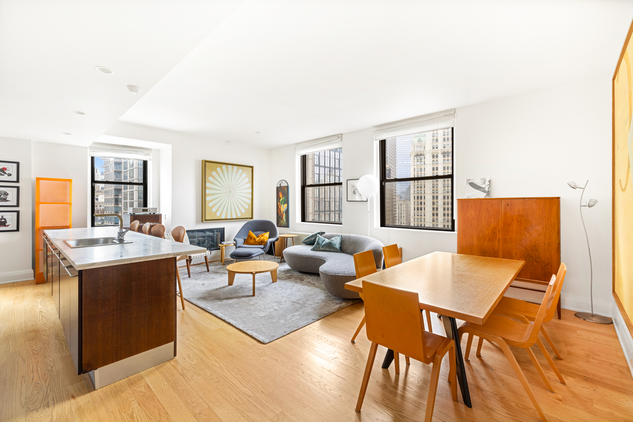 a living room with furniture and a table