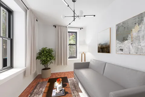 a living room with furniture and a potted plant