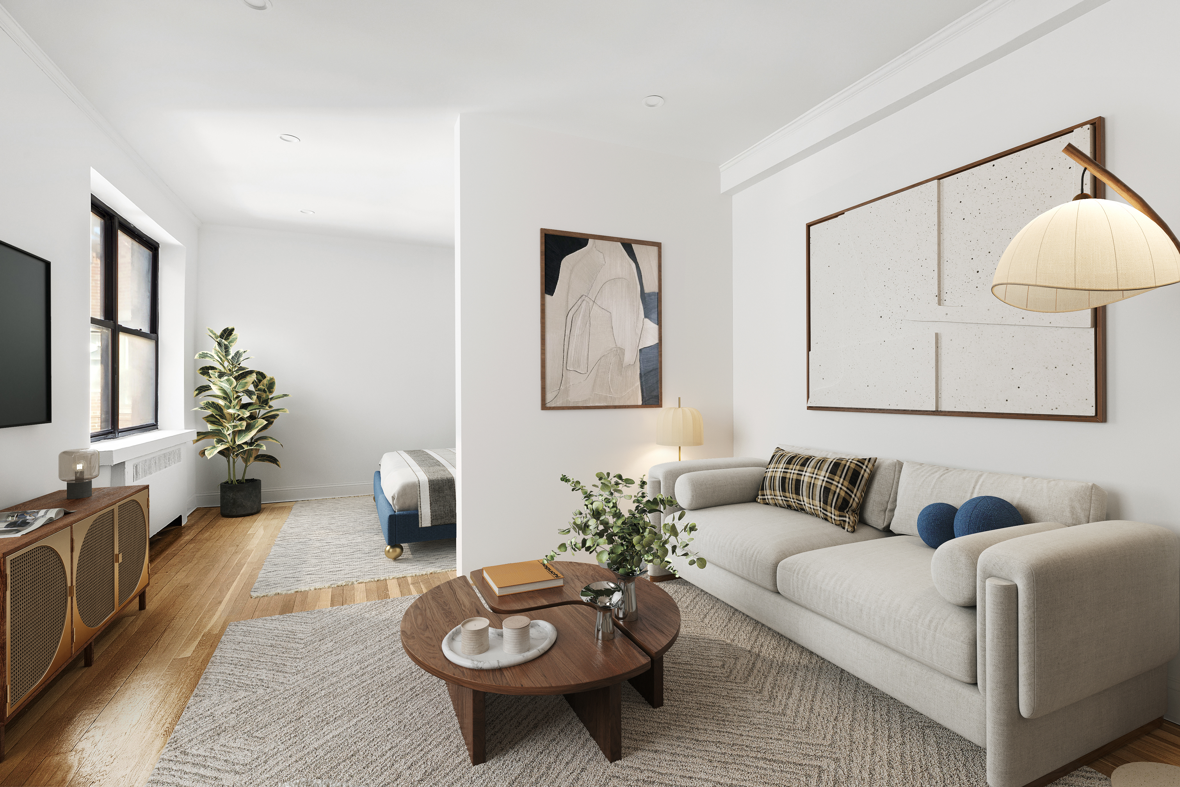 159-34 Riverside Drive West, Unit 7L90 Manhattan, NY 10032 - Photo 2 of 22 a living room with furniture and a mirror