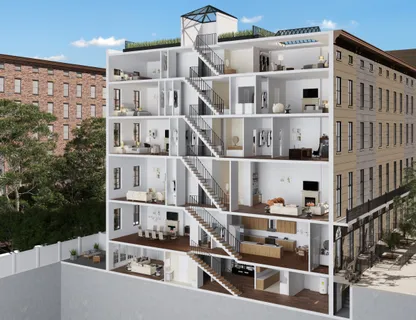 a view of a building with a large window