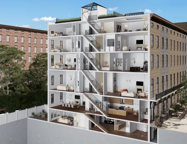 a view of a building with a large window