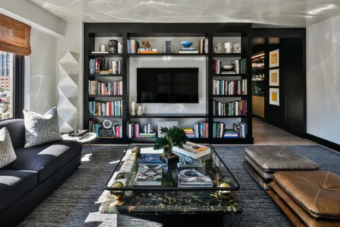 a living room with furniture and a book shelf