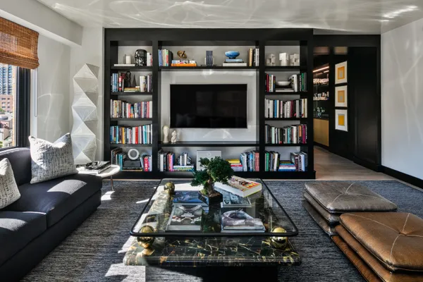 a living room with furniture and a book shelf
