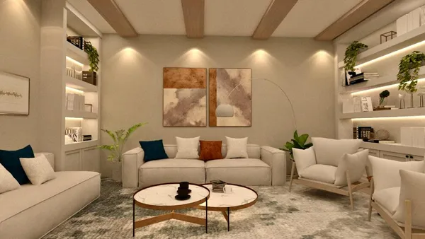 a living room with furniture and a table