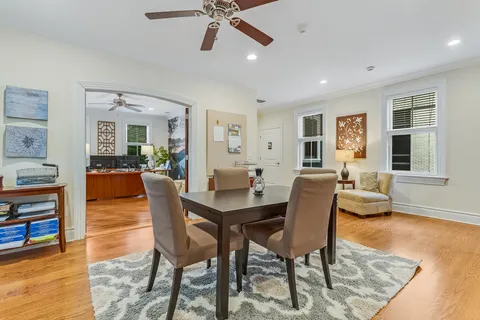a view of a dining room with furniture
