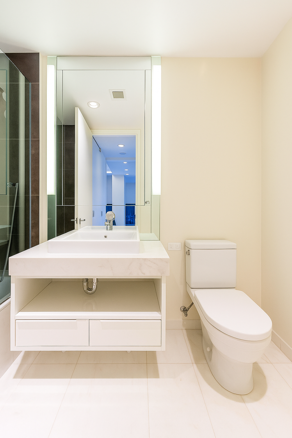 133 West 22nd Street, Unit 6L Manhattan, NY 10011 - Photo 7 of 11 a spacious bathroom with a toilet a sink and mirror