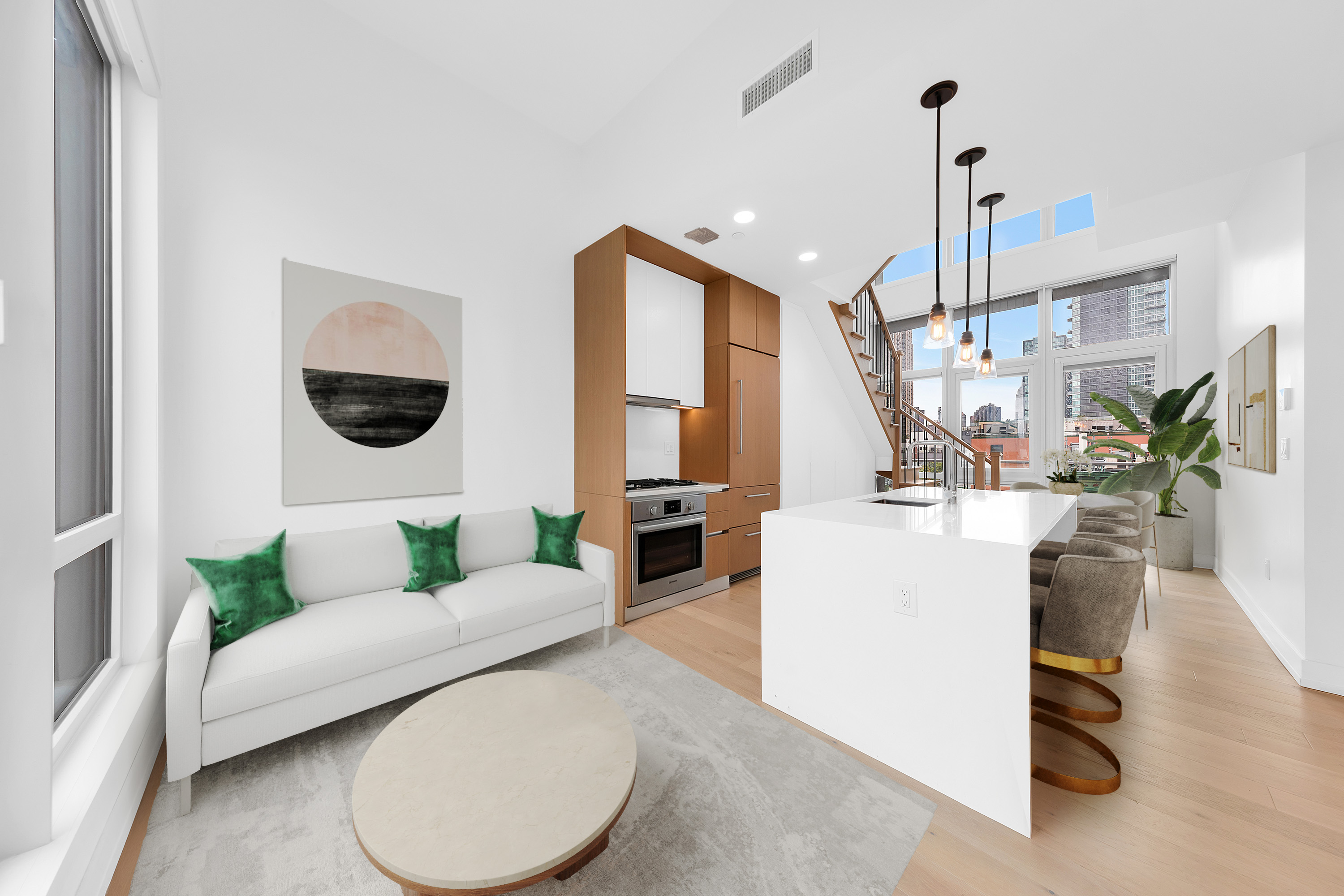 47-01 Vernon Boulevard, Unit 4E Queens, NY 11101 - Photo 2 of 9 a living room with furniture and a chandelier