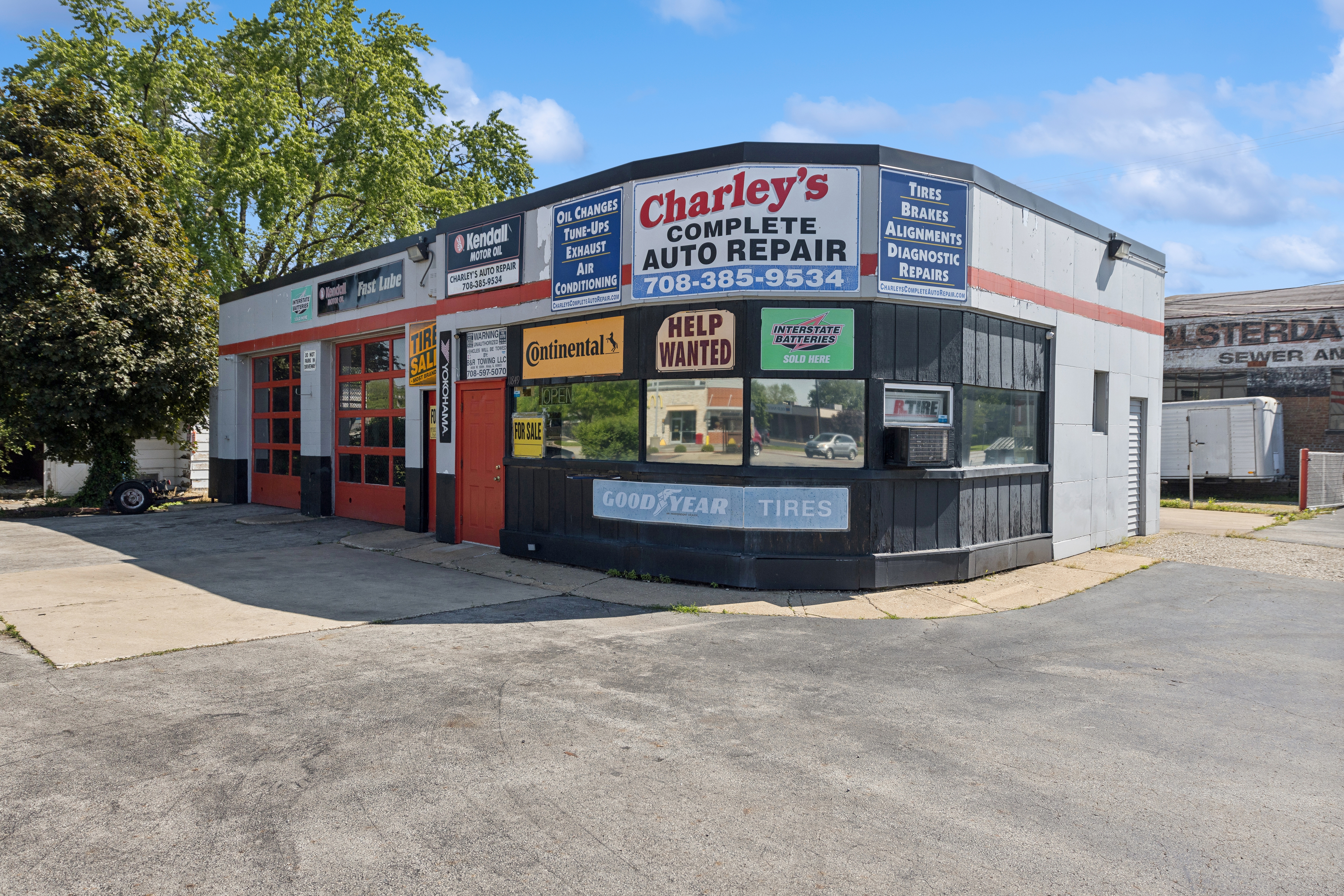 a view of a brick building with a large windows