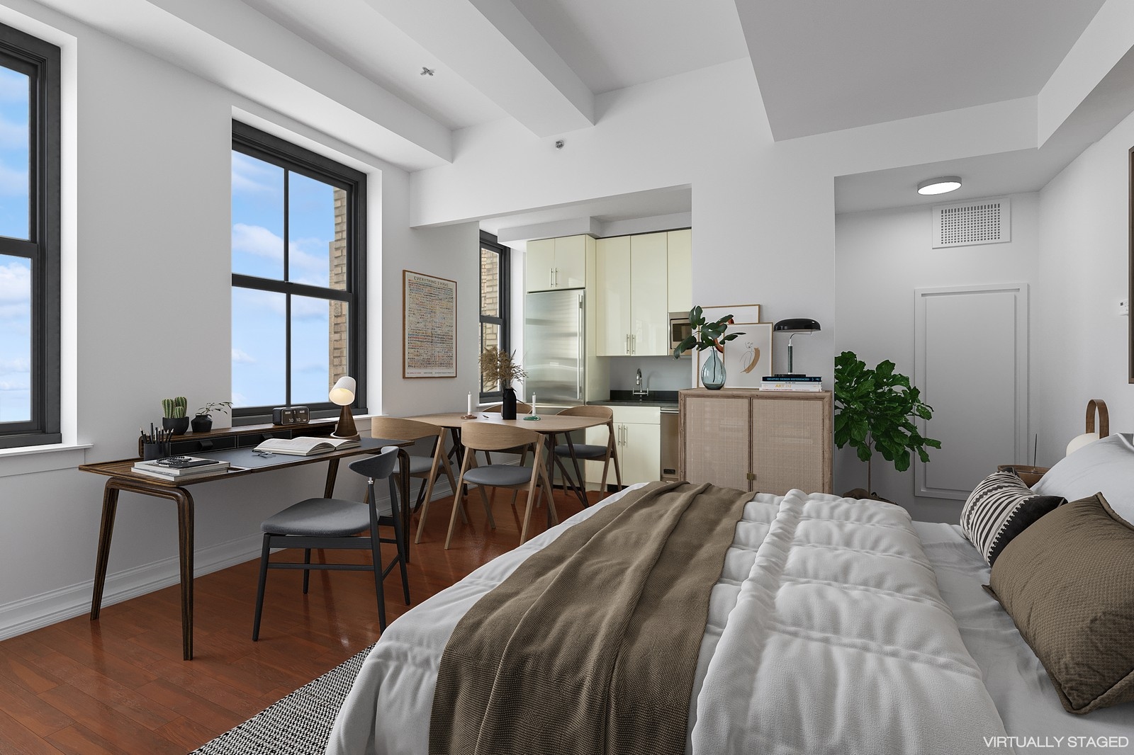 a bed room with a bed and furniture