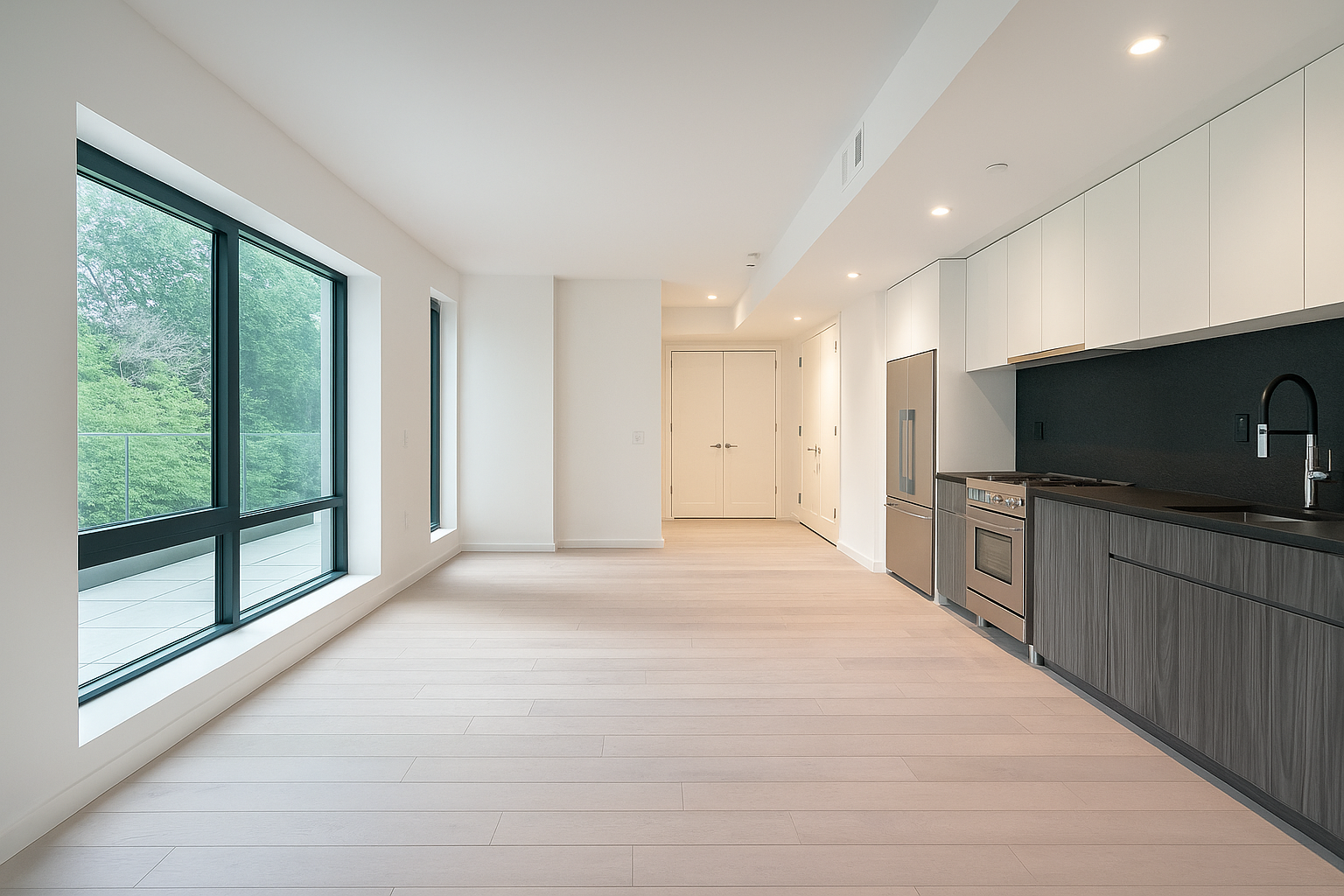 435 Tompkins Avenue, Unit 304S Brooklyn, NY 11216 - Photo 4 of 15 a view of kitchen with stainless steel appliances kitchen island large window and wooden floor