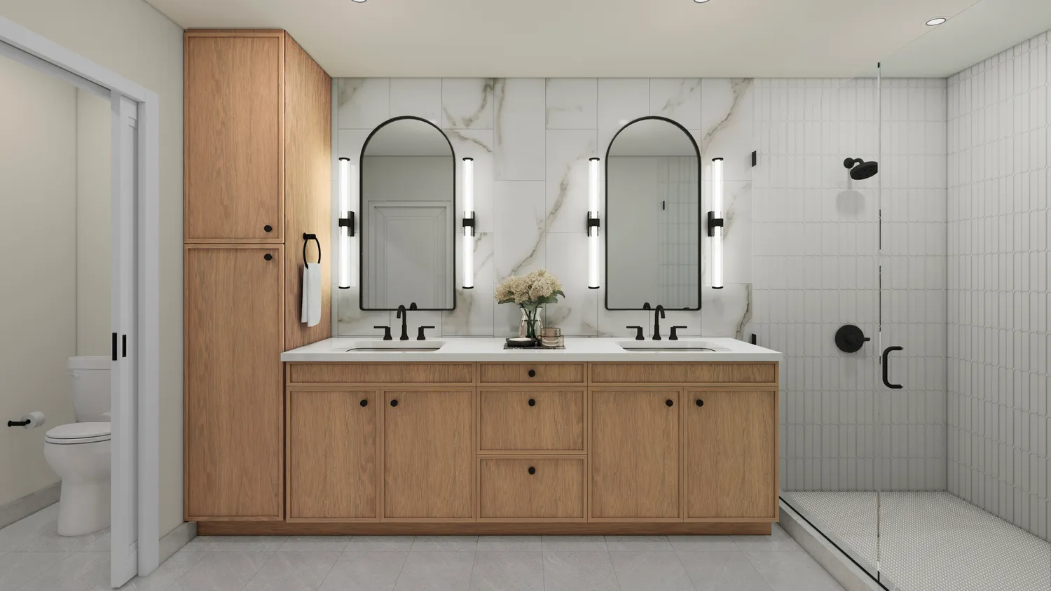 a bathroom with a double vanity sink and mirror with shower