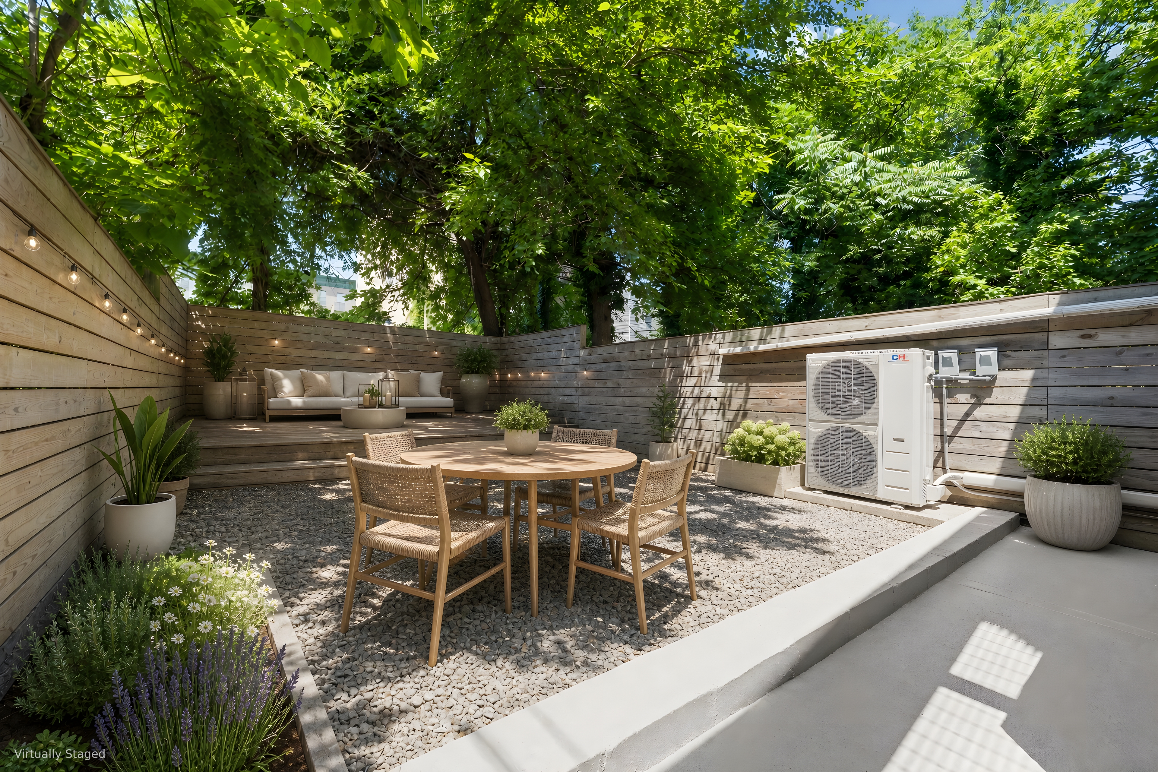 695 Monroe Street, Unit 1 Brooklyn, NY 11221 - Photo 10 of 15 a view of a patio with table and chairs potted plants with wooden floor and fence