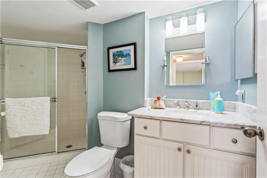 a view of an ocean and a building